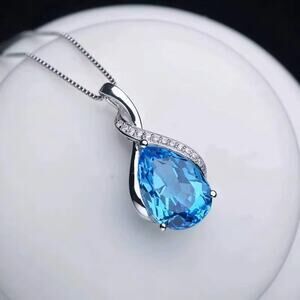 925 Sterling Silver Aquamarine Teardrop Necklace Crystal Accent Band Elegant